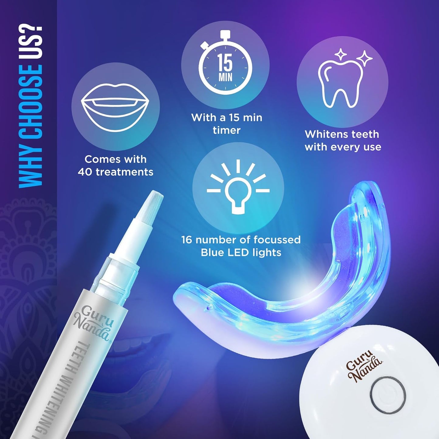 GuruNanda Professional Teeth Whitening Wireless Kit with LED Light & Whitening Pen, Helps Remove Surface Stains from Coffee, Food, Soda, 40 Treatments