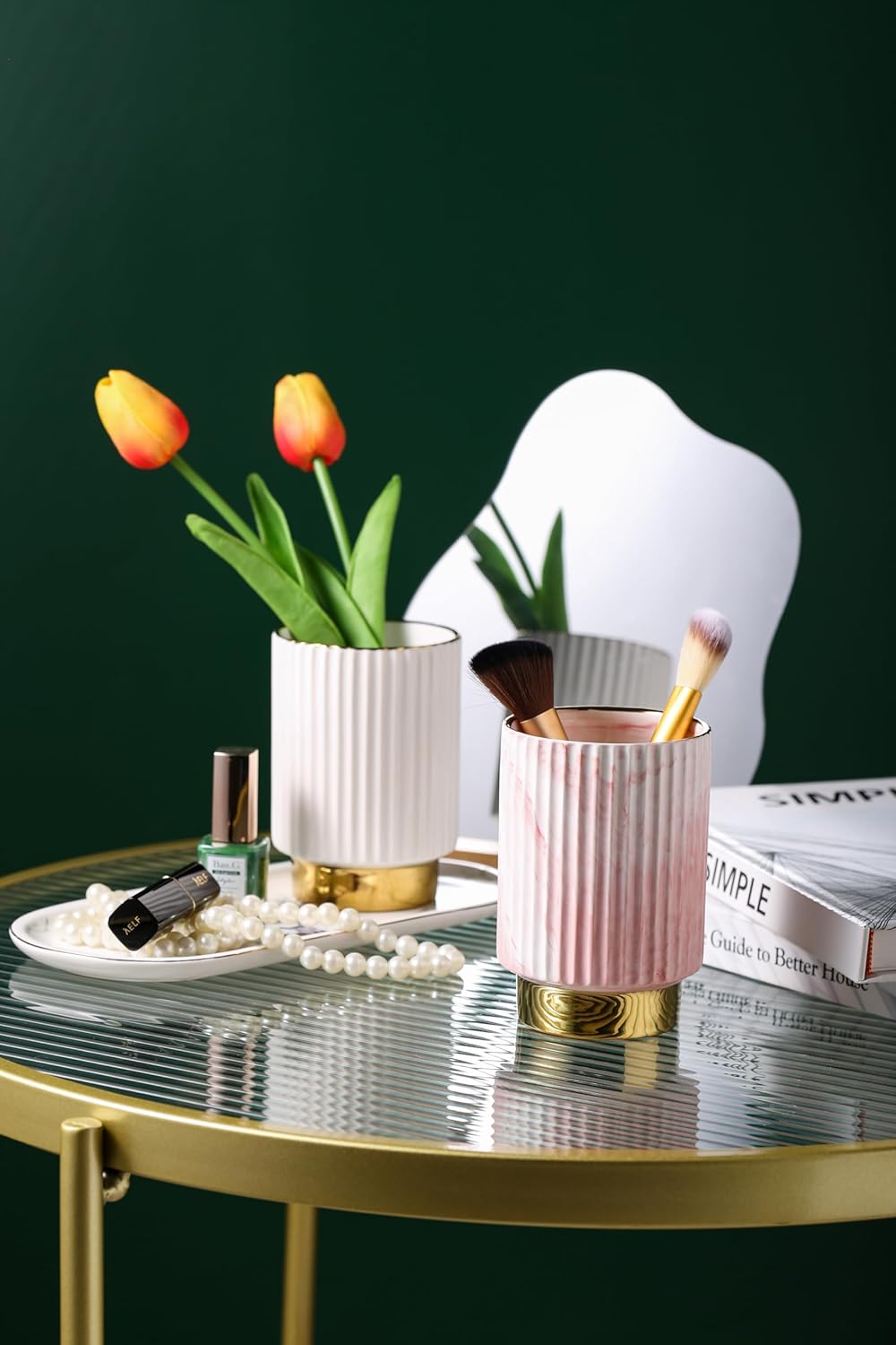 IEEK Pink and Gold Makeup Brush Holder Organizer,Glass Cosmetics Brushes Cup Eyebrow Pencil Pen Container,European Style Striped Brushes Storage,Ceramics Decor for Bathroom Dresser Vanity Desktop