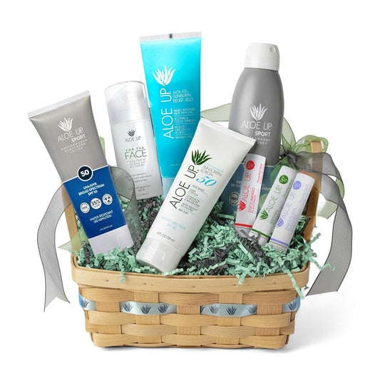 Aloe Up Sun & Skin Care Gift Basket – 6-Piece for Men & Women Set with SPF Moisturizers, Sport Sunscreens, Lip Balm & Aloe Gel – Alcohol-Free, Reef Friendly, Hydrating Skincare Kit