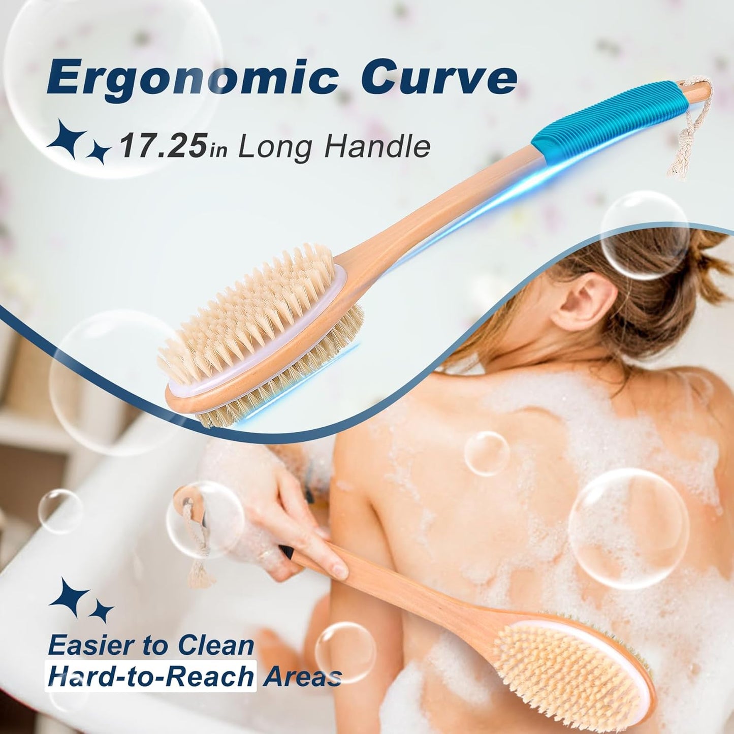 Long Handle Ergonomically Back Scrubber/Brush for Shower, Double Sided Exfoliating Body Scrubber for Women and Men (Blue)