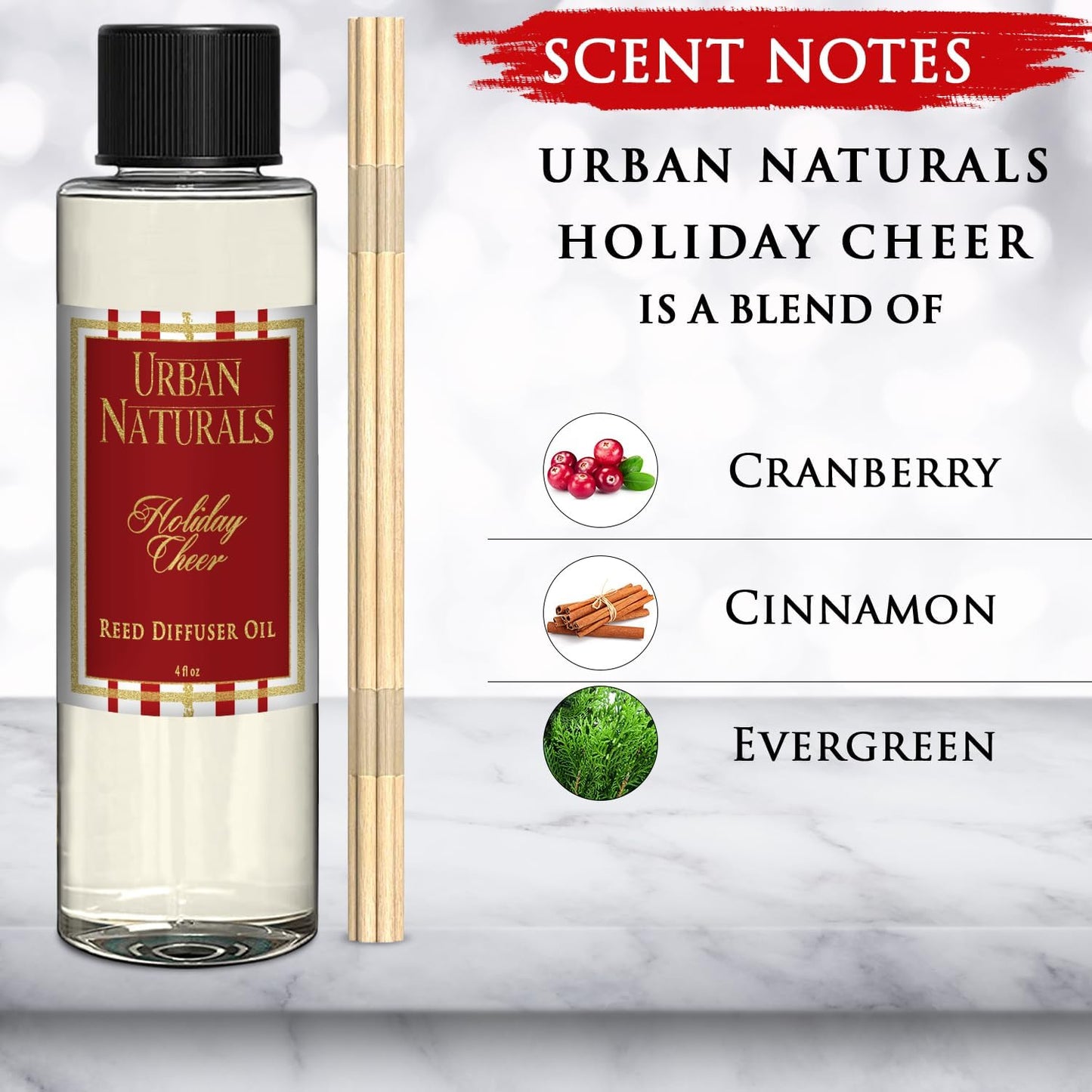Urban Naturals Reed Diffuser Oil Refill, Holiday Cheer Diffuser Oil with Cranberry, Cinnamon, Evergreen, 4 oz + Free Reed Sticks, Made in The USA
