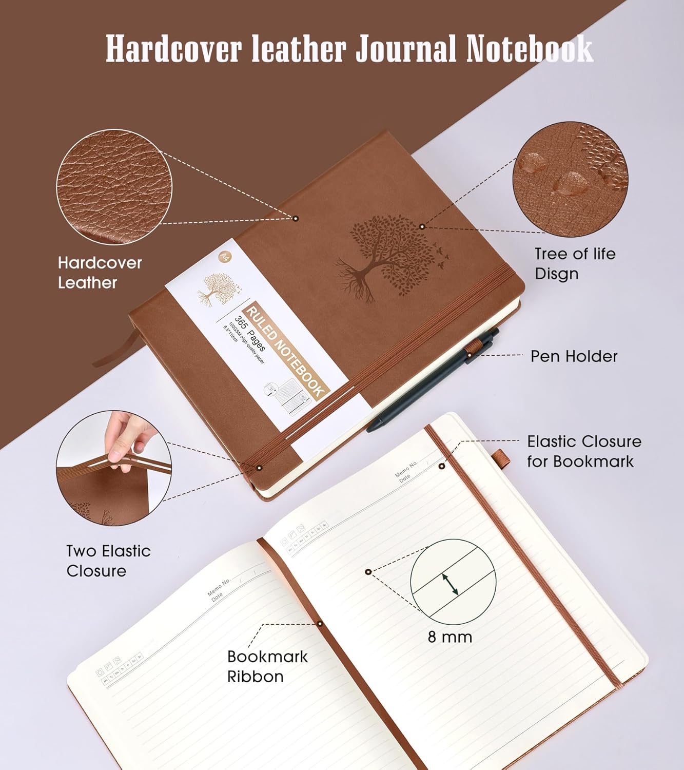 Lined Journal Notebook -365 Pages A4 Big Journal for Writing Men Women, College Ruled Notebook, Hardcover Leather Journal, Daily Journal Notebook for Work, Note Taking, 100Gsm Paper(8.5" x 11" Brown)