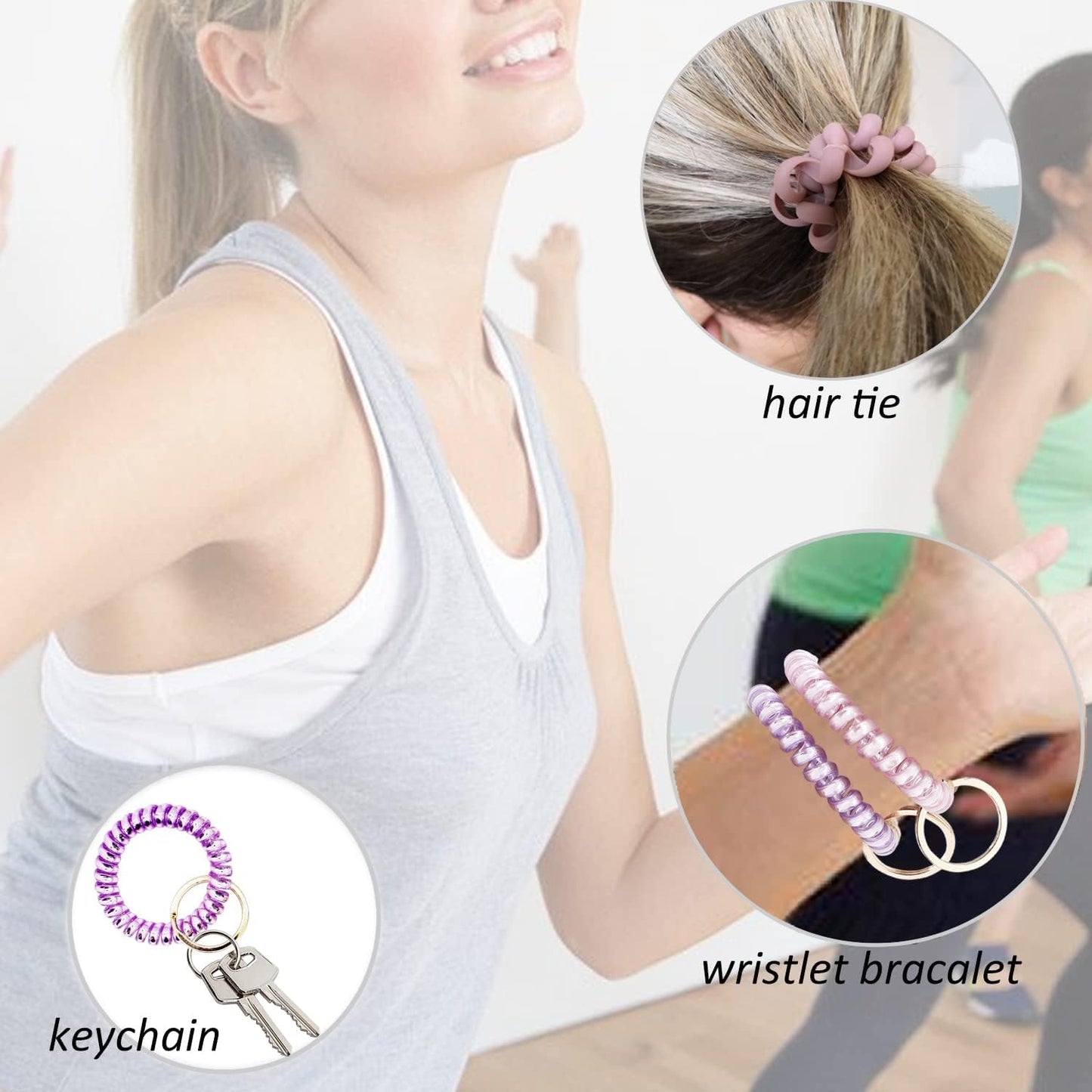 BIHRTC Pack of 6 Key Wristlet Coil Bracelet Spiral Keychain Bracelet Coil Hair Ties Candy Colors Spiral Bracelets Ponytail Holders for Sauna Gym Pool ID Badge Outdoor