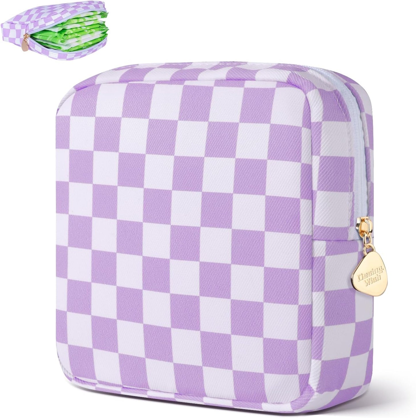 Desing Wish Period Bag Pouch Soft Cloth Sanitary Napkin Storage Bag Portable Menstrual Pad Pouches Tampon Holder for Purse First Period Kit for Girls 9-12 (Purple-White Check)