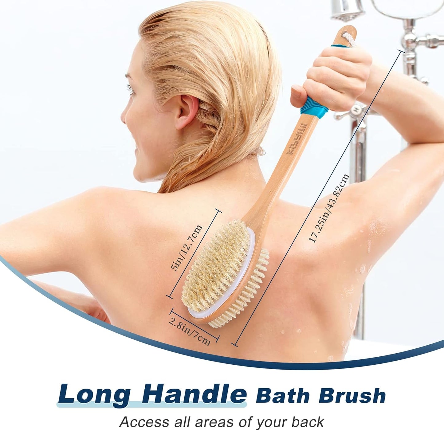 Long Handle Ergonomically Back Scrubber/Brush for Shower, Double Sided Exfoliating Body Scrubber for Women and Men (Blue)