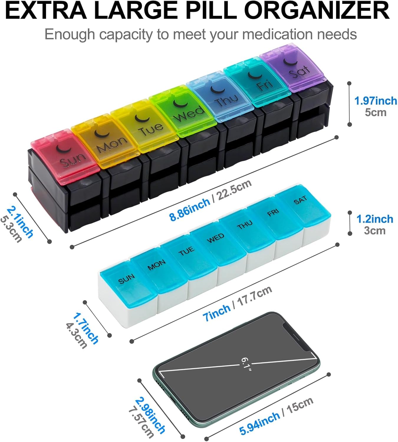 XL Large AM/PM Weekly Pill Organizer Arthritis Friendly, 2 Times a Day Pill Box with Spring Open Design, 7 Day Vitamin Case with Push Button Compartments (Black)