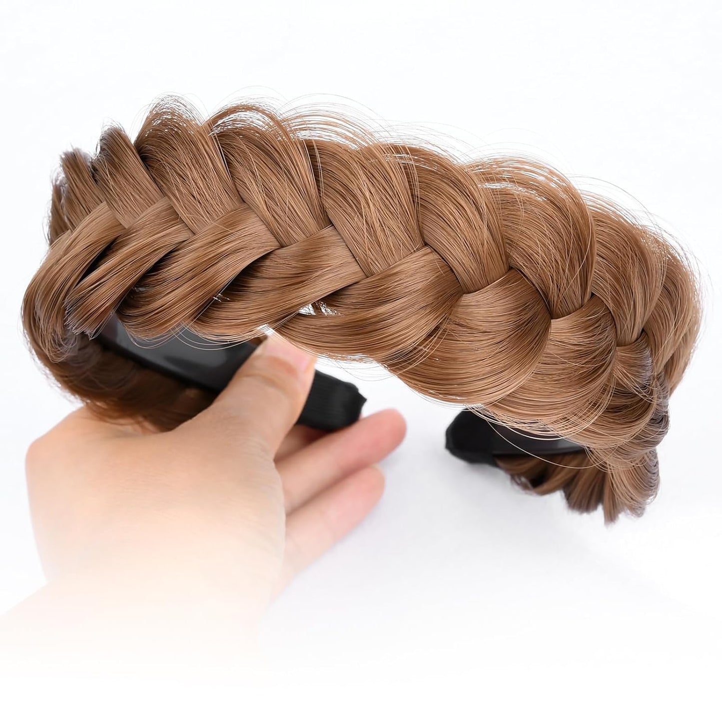 DIGUAN Wide Messy Braided Headband With Teeth Synthetic Hair Plaited Headband High Elasticity Braids Chunky Fishtail Braided Hair Band Hairpiece for Girls Women (Medium Brown)