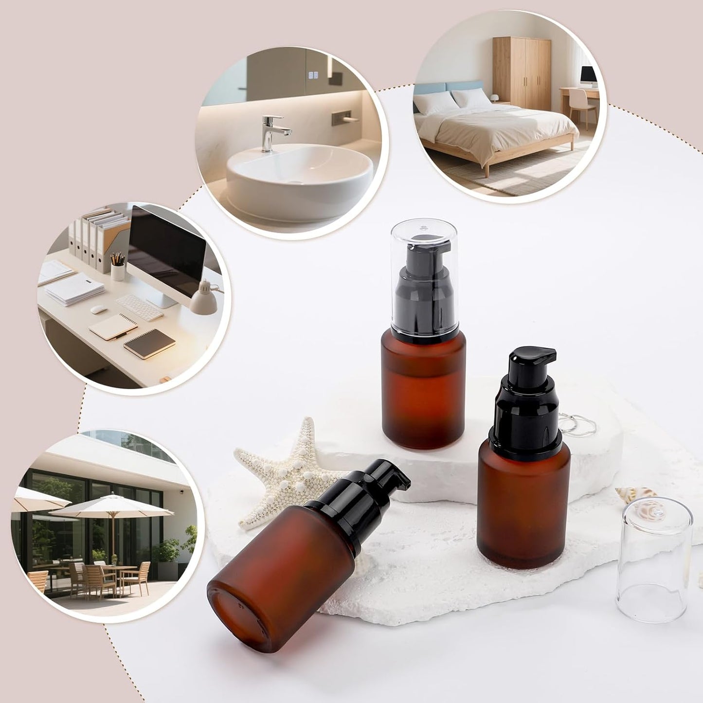 Segbeauty 1oz Frosted Glass Pump Bottle Dispenser Refillable, Pack of 3 Red Empty Small Lotion Bottle Travel Size Makeup Pump Dispensers, 30ml Leak Proof Glass Travel Bottles for Toiletries