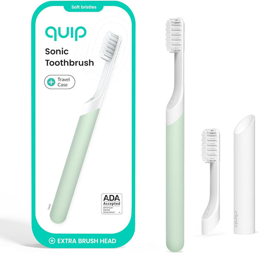 Quip Plastic Sonic Electric Toothbrush for Adults - Time Travel & Soft Bristles with Travel Case & Replacement Brush Head - 3 Month Battery Life - Sage Green