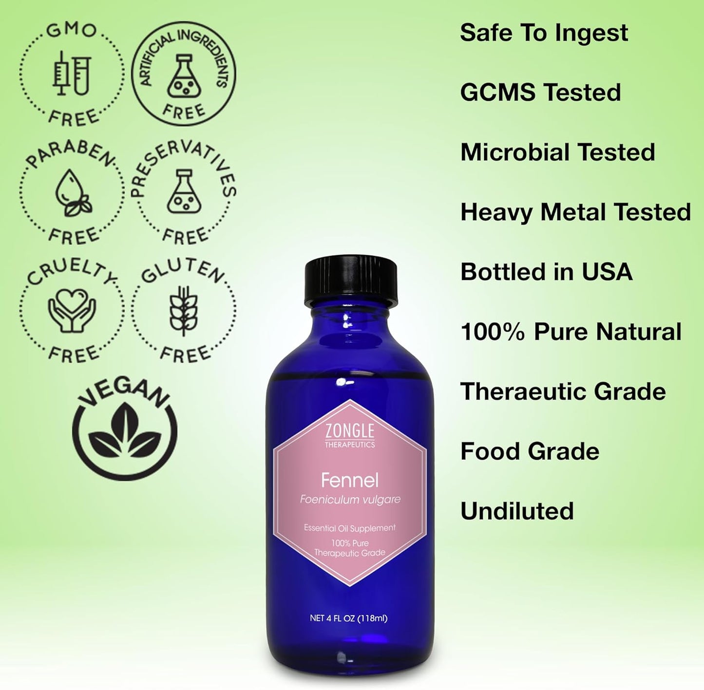 Fennel Essential Oil, Food Grade – 100% Pure, Fennel Oil, by Zongle Therapeutics, 4 OZ