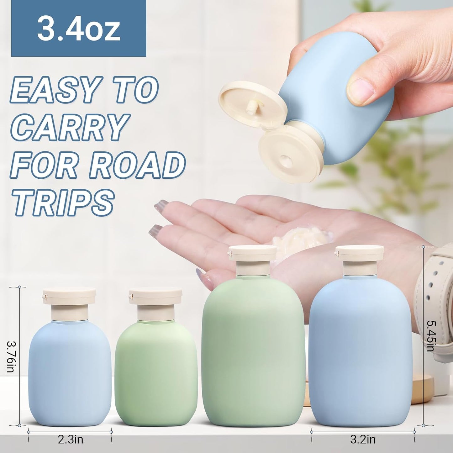 3.4oz Travel Bottle with Flip Cap, Leak Proof Squeeze Bottles, Refillable Plastic Travel Containers for Creams, Lotion, Foundation, Shampoo, Conditioner