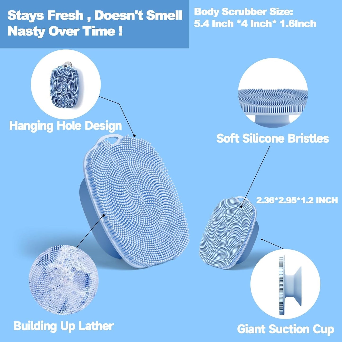Soft Silicone Body Scrubber Gentle Like a Hand Exfoliating Your Skin and Build Up Lather, Back Large Suction Cup Easy to Store, & Deep Clean (Body Scrubber + Face Scrubber Blue)