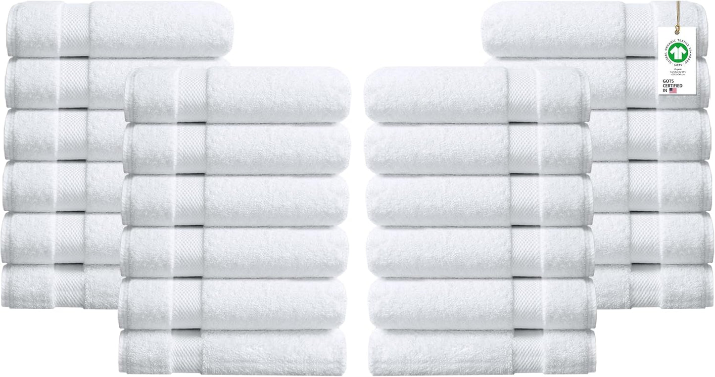 Delara 100% Organic Cotton Towels 650 GSM Plush Feather Touch Quick Dry Wash Cloth, Pack of 24 GOTS Certified, Oeko-Tex Green Certified, Organic Cotton Wash Cloth, 13"X13"