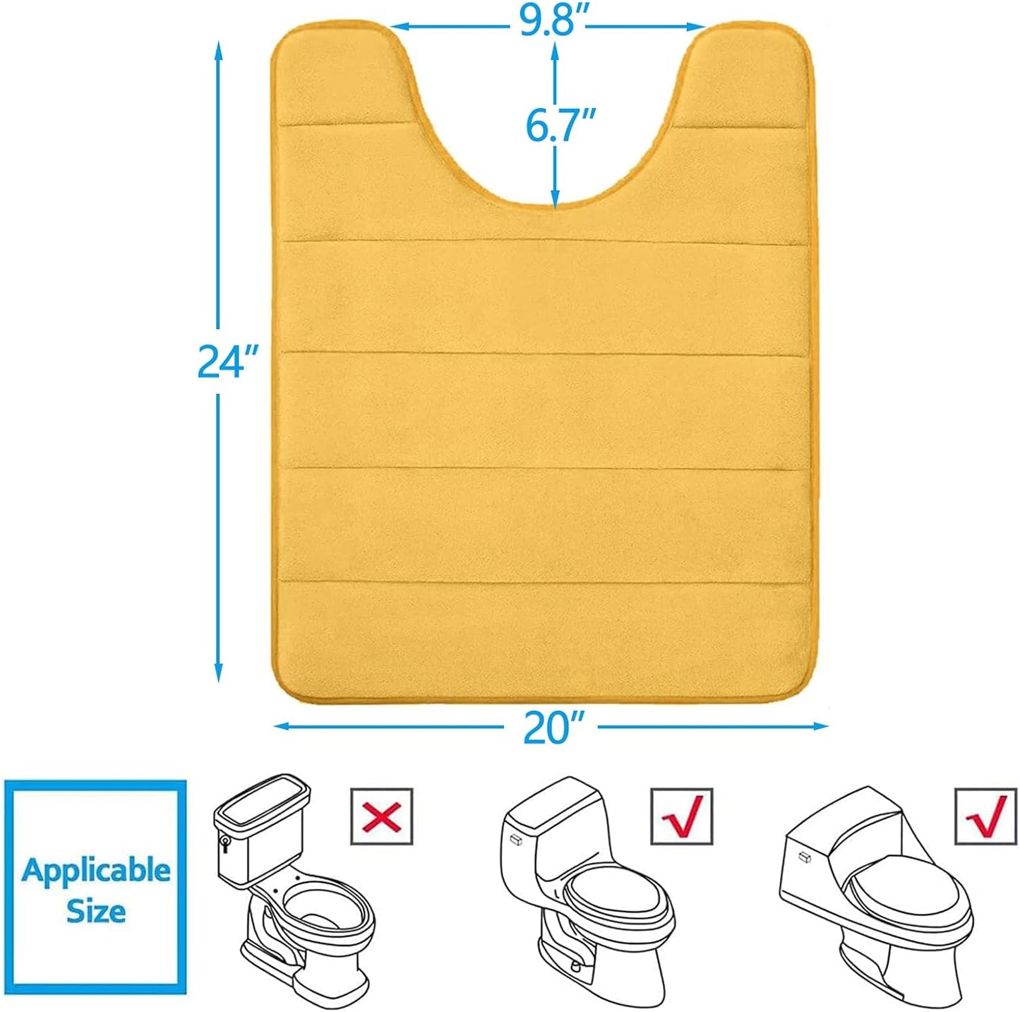Buganda Memory Foam U-Shaped Contour Toilet Rugs, Non Slip Absorbent, Thick Soft Washable Bathroom Mat, Floor Carpet Bath Rugs Mat for Toilet Base (24" x 20", Yellow)