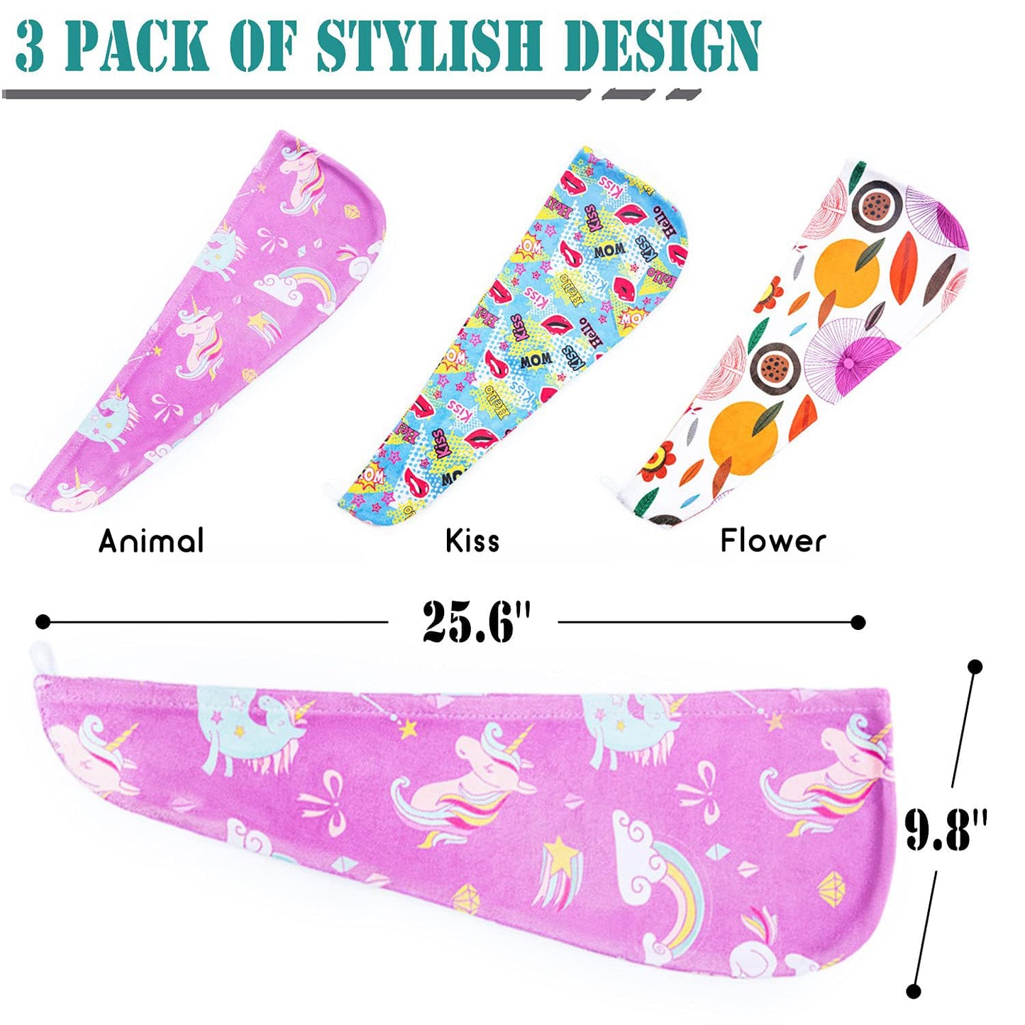 ELLEWIN Microfiber Hair Drying Towels for Kids, 3 Pack Wet Hair Towel Wrap Turban for Girls Children Women, Quick Dry Twisty Hair Towels Wrap for Curly Long Thick Hair Anti Frizz