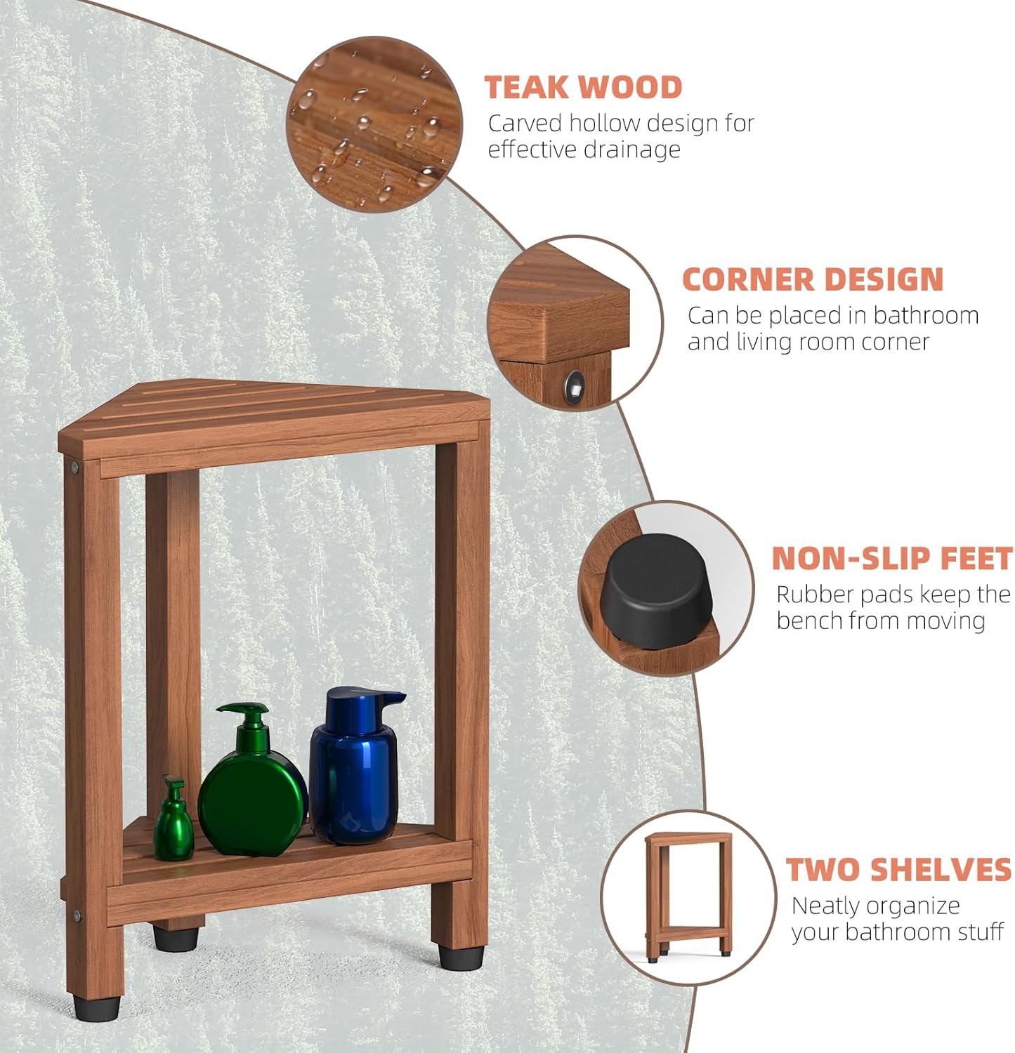 Samplife Corner Shower Stool for Shaving Legs, Teak Corner Shower Bench Stools for Inside Shower,Bathroom Shower Bench Seat Shower Foot Rest with Storage Shelf for Small Shower Spaces