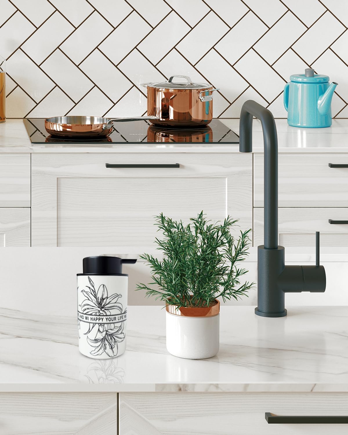 Ceramic White Liquid Soap Dispenser for Bathroom & Kitchen,Lily Pattern Hand Sanitizer Bottle,Chic Home Deco (Liquid)