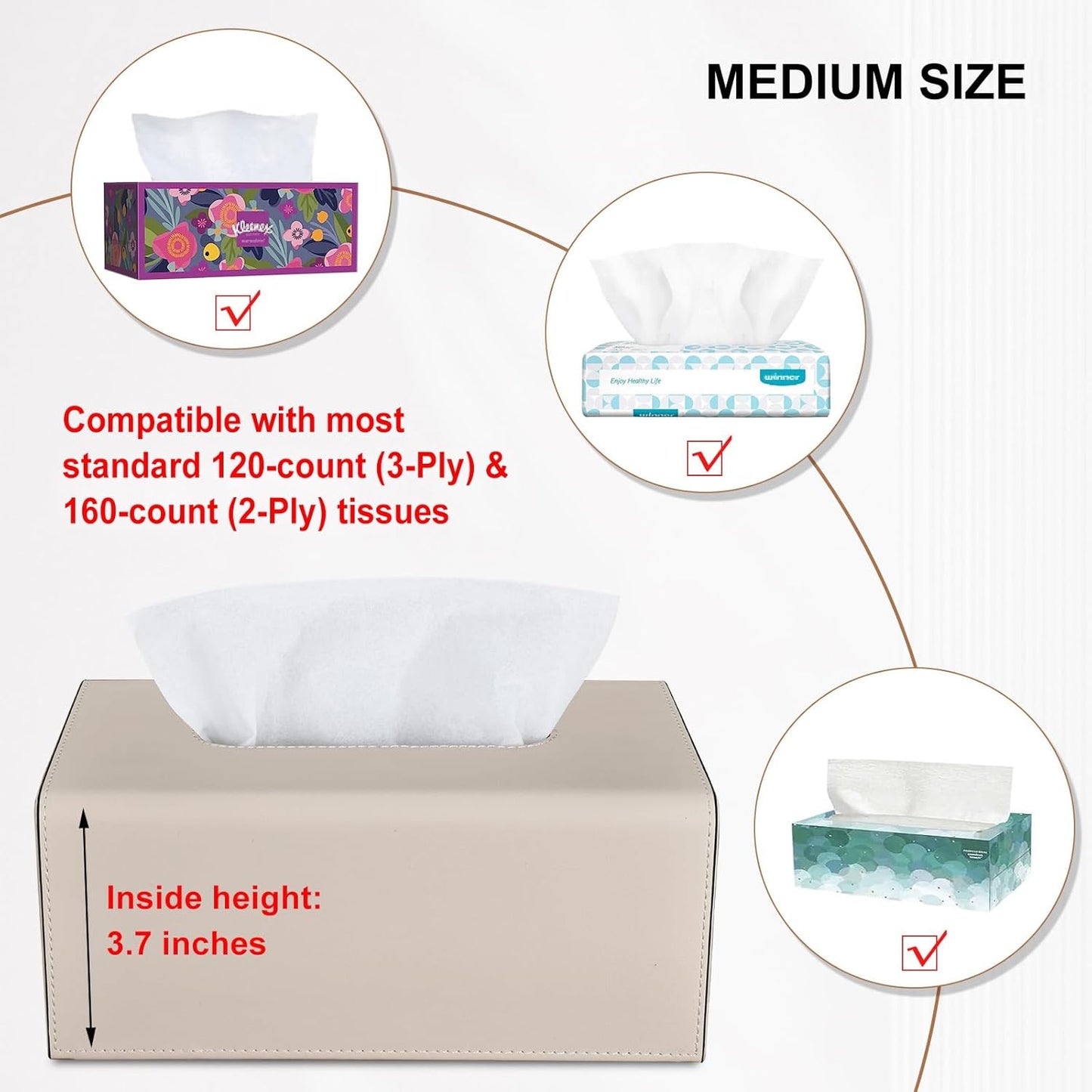 Tissue Box Cover, PU Leather Rectangular Tissue Box Holder with Magnetic Bottom Cover for Facial Tissues/Napkins, Office & Living Room Decor Box for Standard 120-count (3-Ply) 160-count (2-Ply) Beige