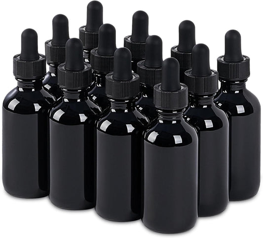 12 Pcs, 2oz Glass Dropper Bottle, Leakproof Tincture Bottles with Dropper, Black Reusable Eye Dropper Bottle, for All Kinds of Liquids (Black, 2oz-12pcs)