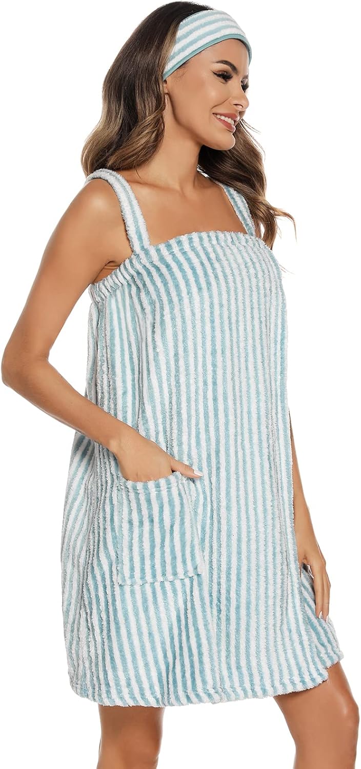 Veseacky Women Bath Wrap Towel for Womens Shower with Pocket Adjustable Spa Robe & Facial Headband