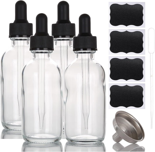2 oz Glass Dropper Bottles,4 Pack 60ml Empty Reusable Leak Proof Thick Tincture Bottles for Essential Oils,Hair Oil,Liquids,Laboratory,Pharmacist Bottle,Massage,Perfumery Aromatherapy