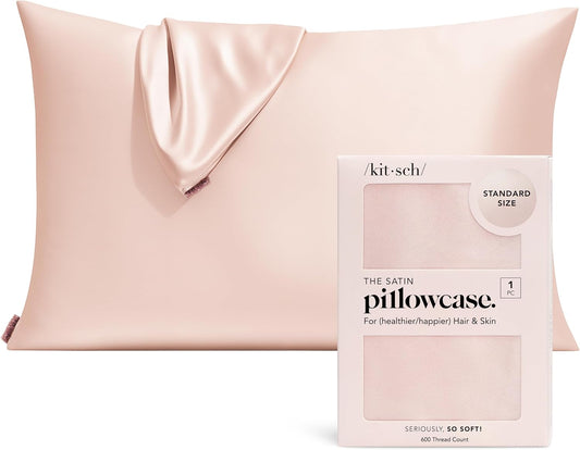 Kitsch Satin Pillowcase with Zipper for Hair & Skin, Softer Than Silk Pillow Cases Queen, Smooth Pillow Covers, Machine Washable, Wrinkle-Free, Cooling Satin Pillow Cases Standard Size 19"x26" (Blush)
