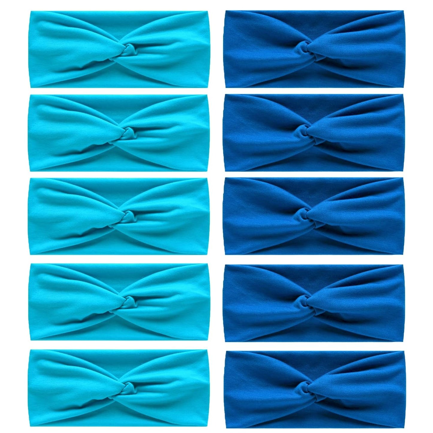 10 Pcs Wide Absorbent Sport Headbands for Women, Non-slip, Stretchy, Soft Cotton Twist Knotted Hair Bands for Daily Workout Yoga Running Sports, Blue