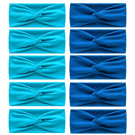 10 Pcs Wide Absorbent Sport Headbands for Women, Non-slip, Stretchy, Soft Cotton Twist Knotted Hair Bands for Daily Workout Yoga Running Sports, Blue
