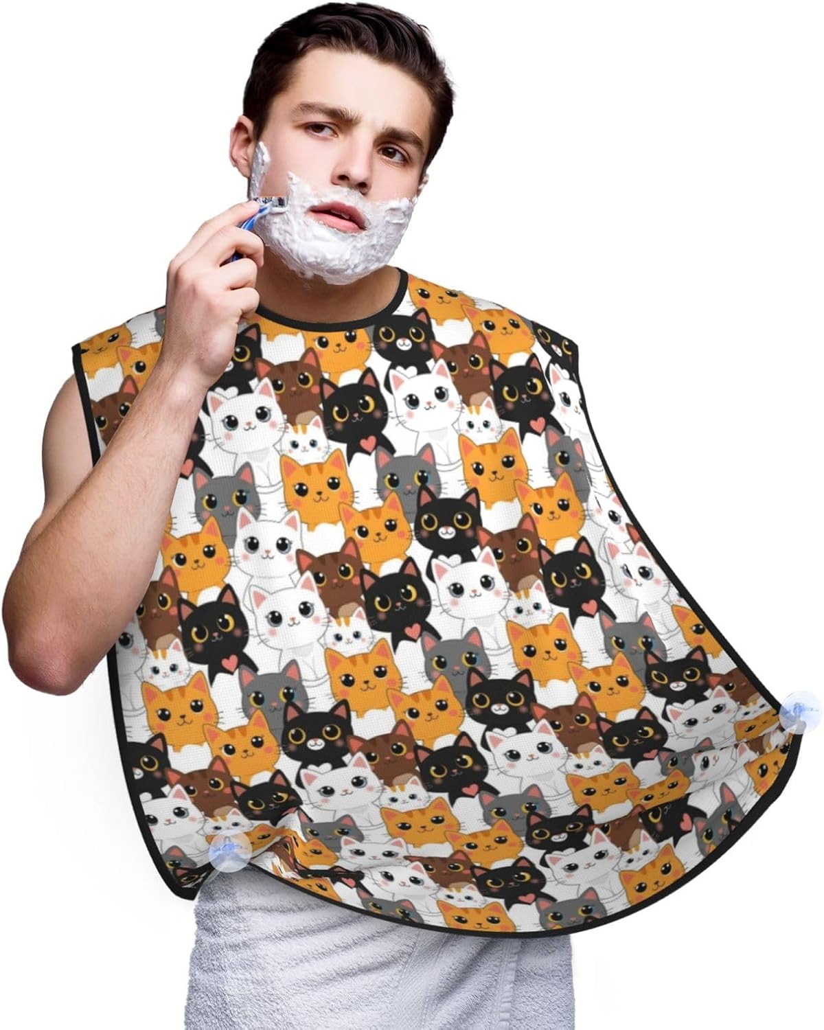 Adjustable Beard Bib, Non-Stick Hair Catcher Cape for Men's Shaving, Waterproof with 2 Suction Cups, Cute Cat Kitten Head Cartoon Cats Shave Bib