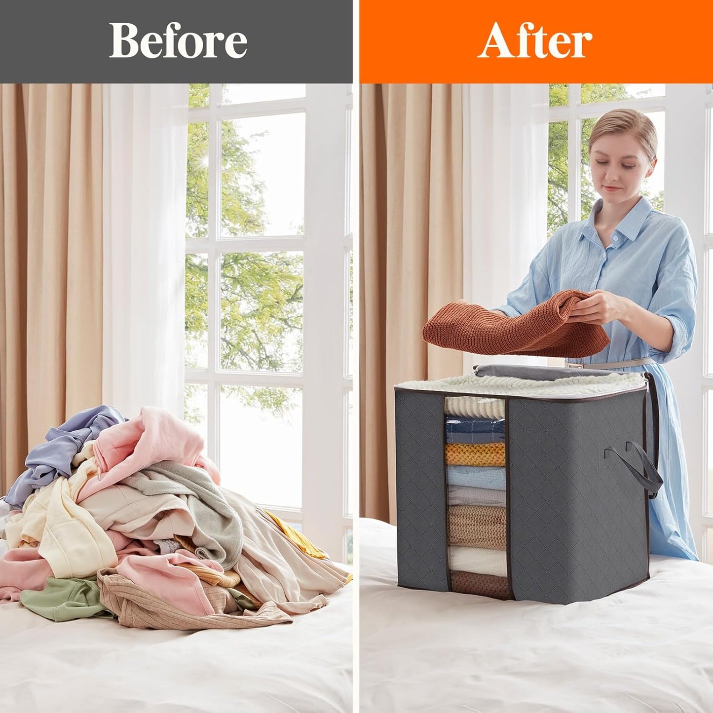 Lifewit 6 Packs 100L Clothes Storage Bag, Storage Bins for Clothes, Blankets, Comforters, Foldable Clothing Storage with Reinforced Handle, Sturdy Zipper, Closet Organizer With Clear Window, Gray