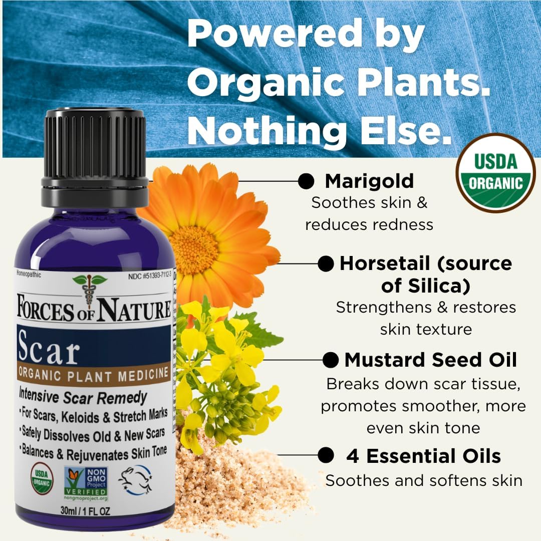 Forces of Nature Scar Treatment, Reduce Stretch Marks, Surgical Scars, Old and New Scars, Burn Scars, and Keloids, Organic Homeopathic Medicine for Skin Care, Promotes Healthy Skin, 1 FL OZ