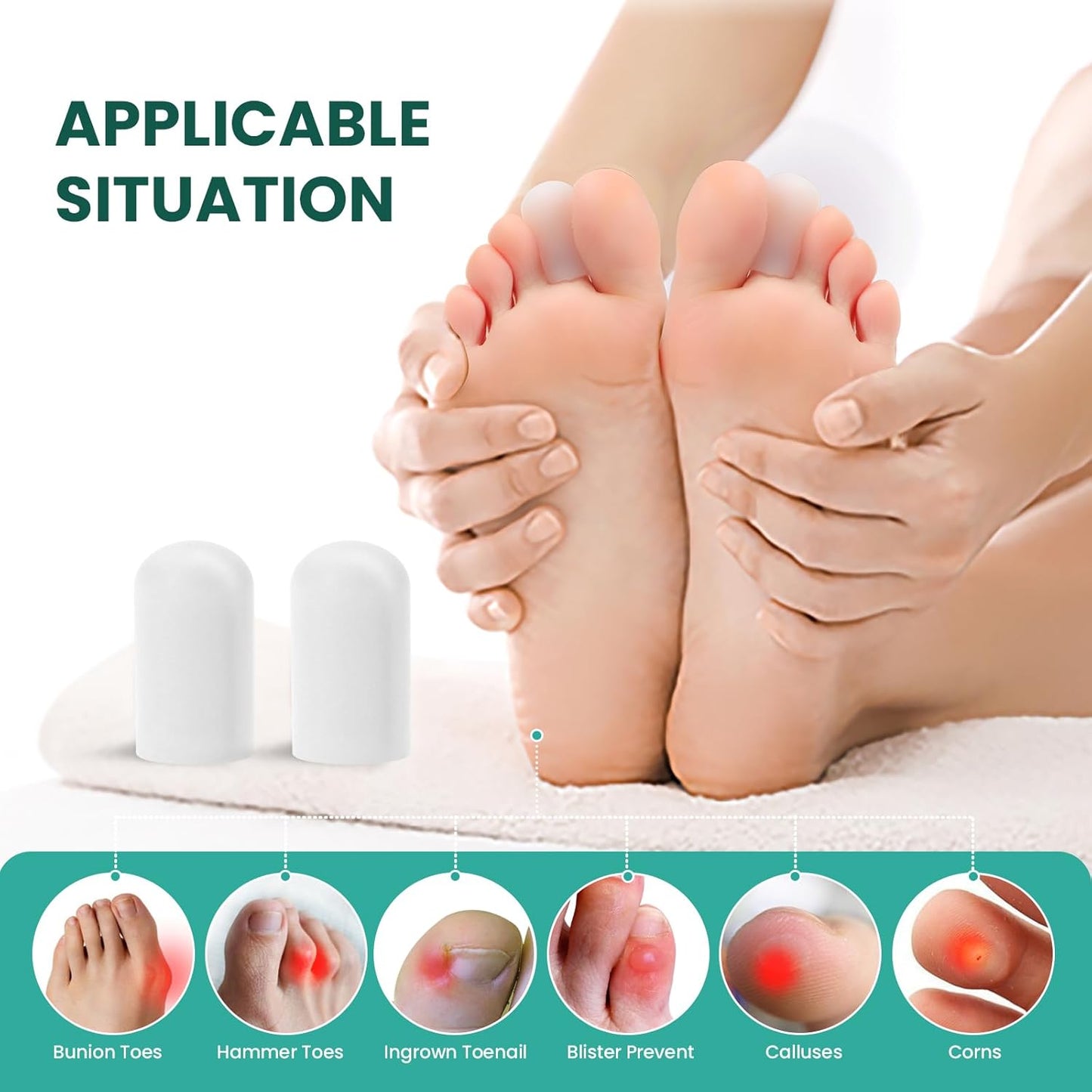 Welnove Gel Toe Cap and Protector - Silicone Toe Covers - Toe Cushions for Pain Relief, Missing or Ingrown Toenails, Corns, Calluses, Blisters (8 Medium, White)