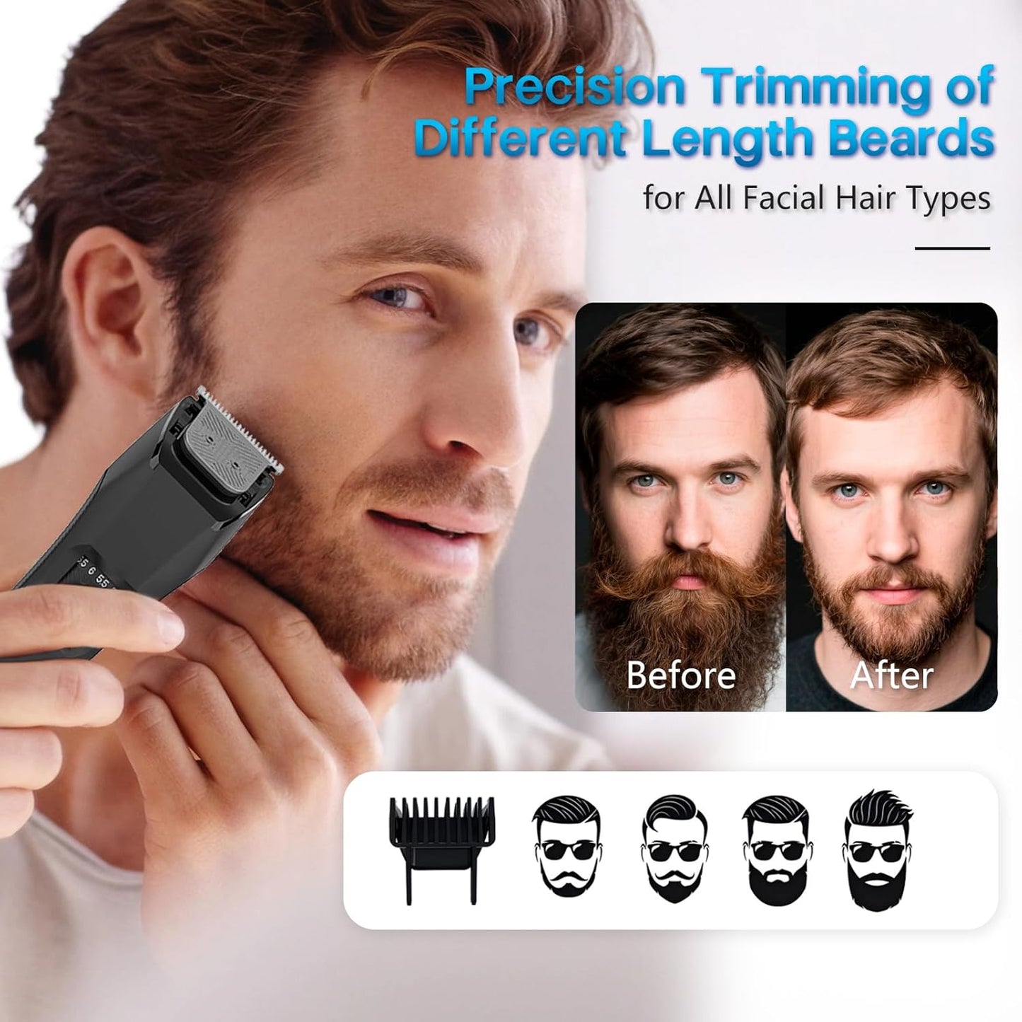 Beard Trimmer for Men, 20 Length Adjustable, Cordless Waterproof Clippers, Stainless Steel T-Blade for Precision Facial Hair Trimming with 2 Guide Combs, Travel Lock, LED Display