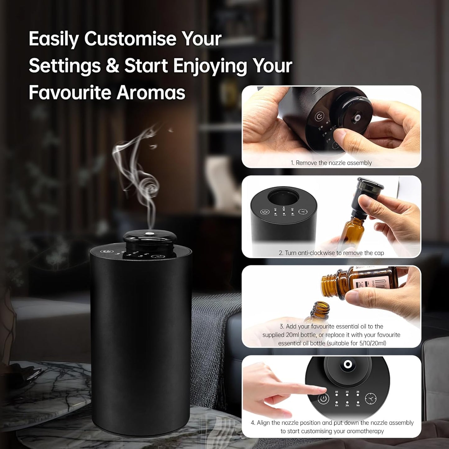 Waterless Essential Oil Diffuser, Battery Operated Mini Scent Air Machine for 5ml/ 10ml/ 20ml Essential Oils, Aromatherapy Diffuser with 3 Countdown Timers & 3 Mist Levels for Home, Car, Office