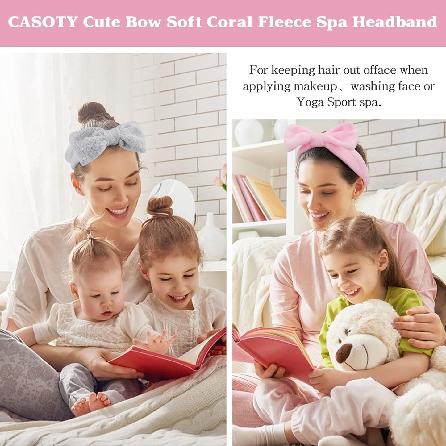 6 Pcs Fluffy Spa Headbands with Bow Style, Soft Coral Fleece for Face Washing, Makeup, Shower, and Yoga