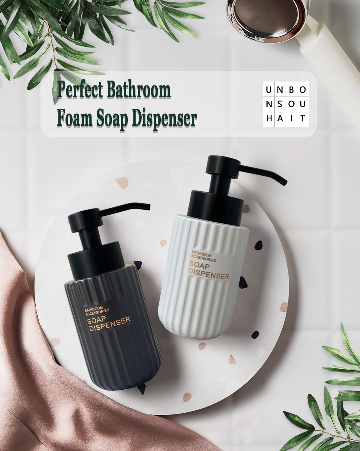 11.5 Oz Foaming Soap Dispenser for Bathroom,Kitchen Foam Soap Dispenser,Refillable Modern Foam Pump Bottle,Black Ceramic Foaming Hand Pump Dispenser (Black Stripe)