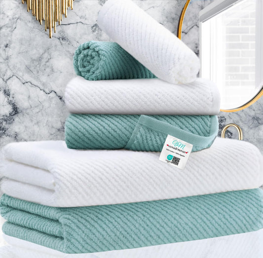 VOOVA & MOVAS Towels for Bathroom - 100% Cotton | Soft | Quick Dry | Thick, Towel Set of 6, 2 Large Bath 30"x56",2 Hand 18"x28", 2 Washcloths 13"x13", Bathroom Essentials, Aqua Teal and White