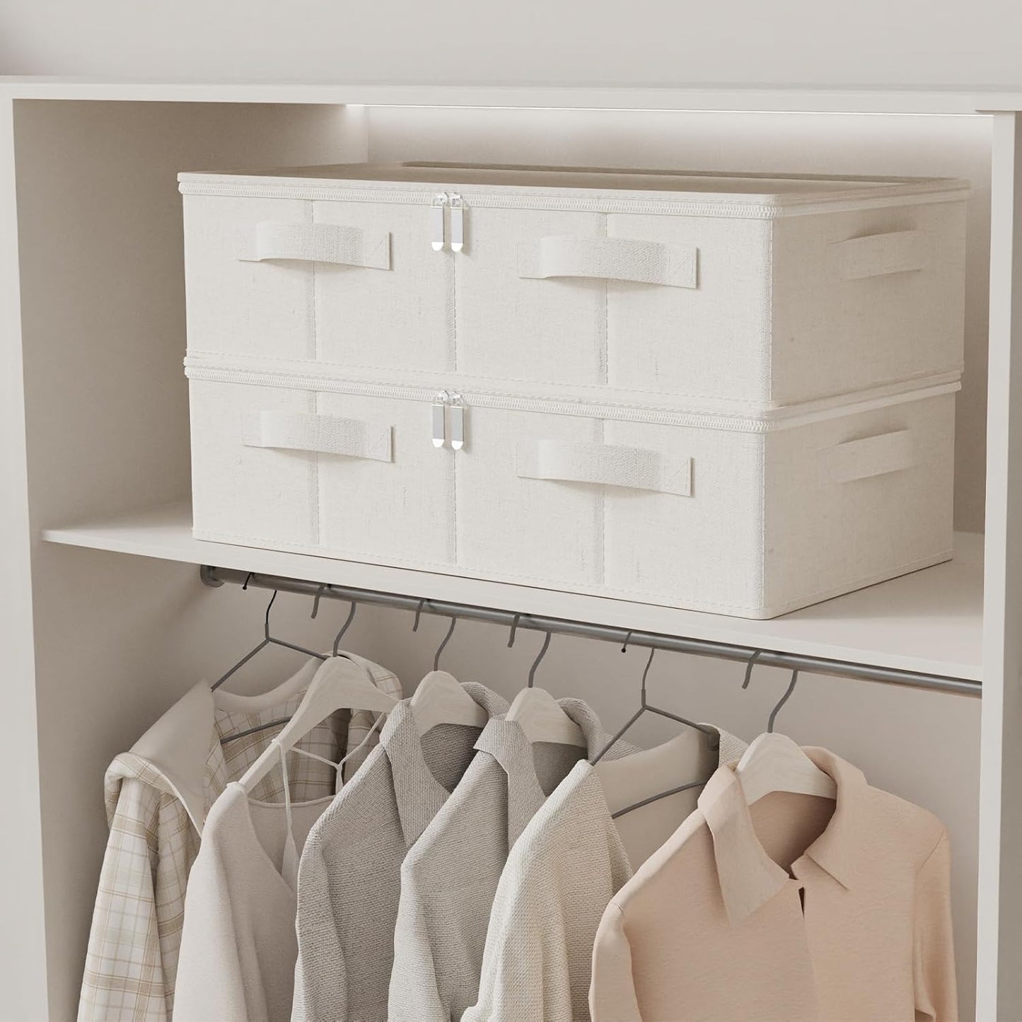 Underbed Storage Container, Foldable Under Bed Bins, Wardrobe Organisers with Lid for Organizing Clothes, Sheets, Blankets, Comforter, 23.6x11.8x5.9in, Beige, 2 Pack