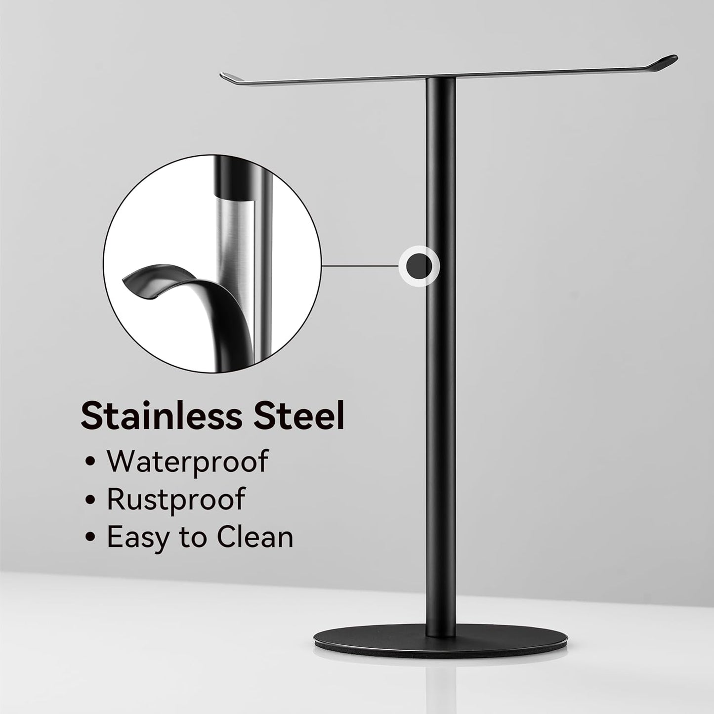 Black Hand Towel Holder Stand – Countertop T-Shaped Stainless Steel Towel Rack with Non-Slip Base for Vanity and Kitchen