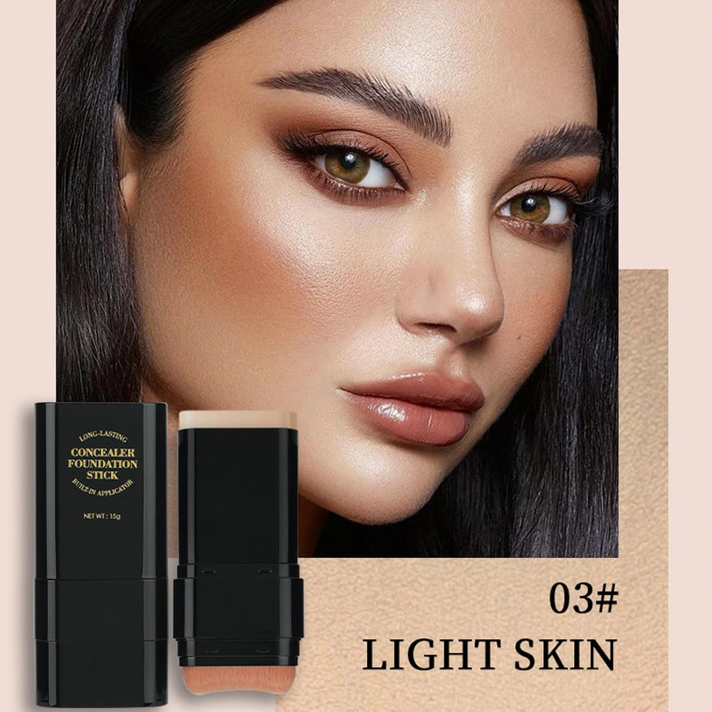 Foundation Stick, 2 in 1 Dual-Ended Long-Lasting Concealer Foundation Stick, Face Contouring foundation with Brush, Full Coverage Matte Finish for Face Makeup(03#LIGHT SKIN)