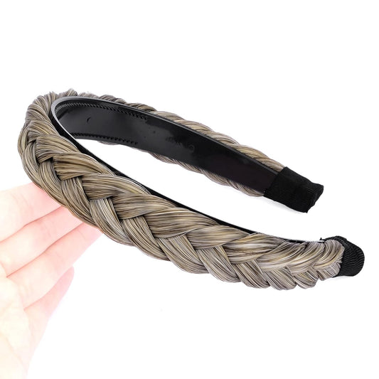 DIGUAN Width 0.9 inches Synthetic Hair Plaited Headband Braid With Teeth Hair Band Accessories for Women Girl (White Gray Brown)