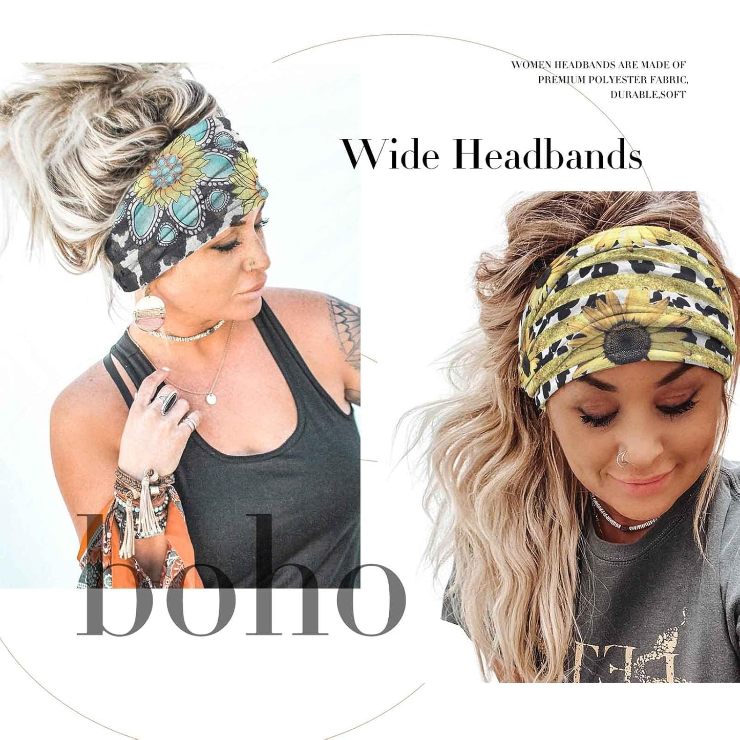 Olbye Wide Boho Headbands Turban Elastic Hairbands Nonslip Floral Bandana Workout Yoga Hair Scarfs Running Sweatband African Head Wraps Bohemian Hair Accessories for Women (F- Flower)
