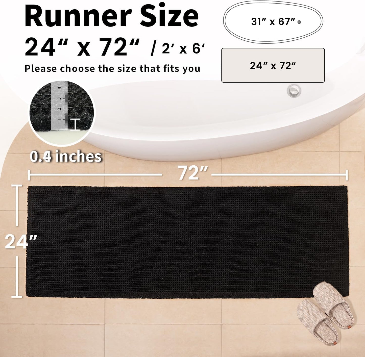 Black Long Bathroom Rug - Waffle Runner Bath Mat Non Slip Washable, Super Absorbent & Quick Dry, Boho Bath Mat Farmhouse Bathroom Decor, 24'' x 72'', Black