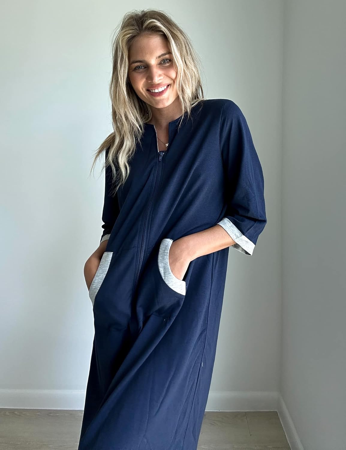 Ekouaer Women Zipper Robe 3/4 Sleeves Loungewear Dress Full Length Sleepwear Pockets Housecoat Nightgown Long Bathrobe