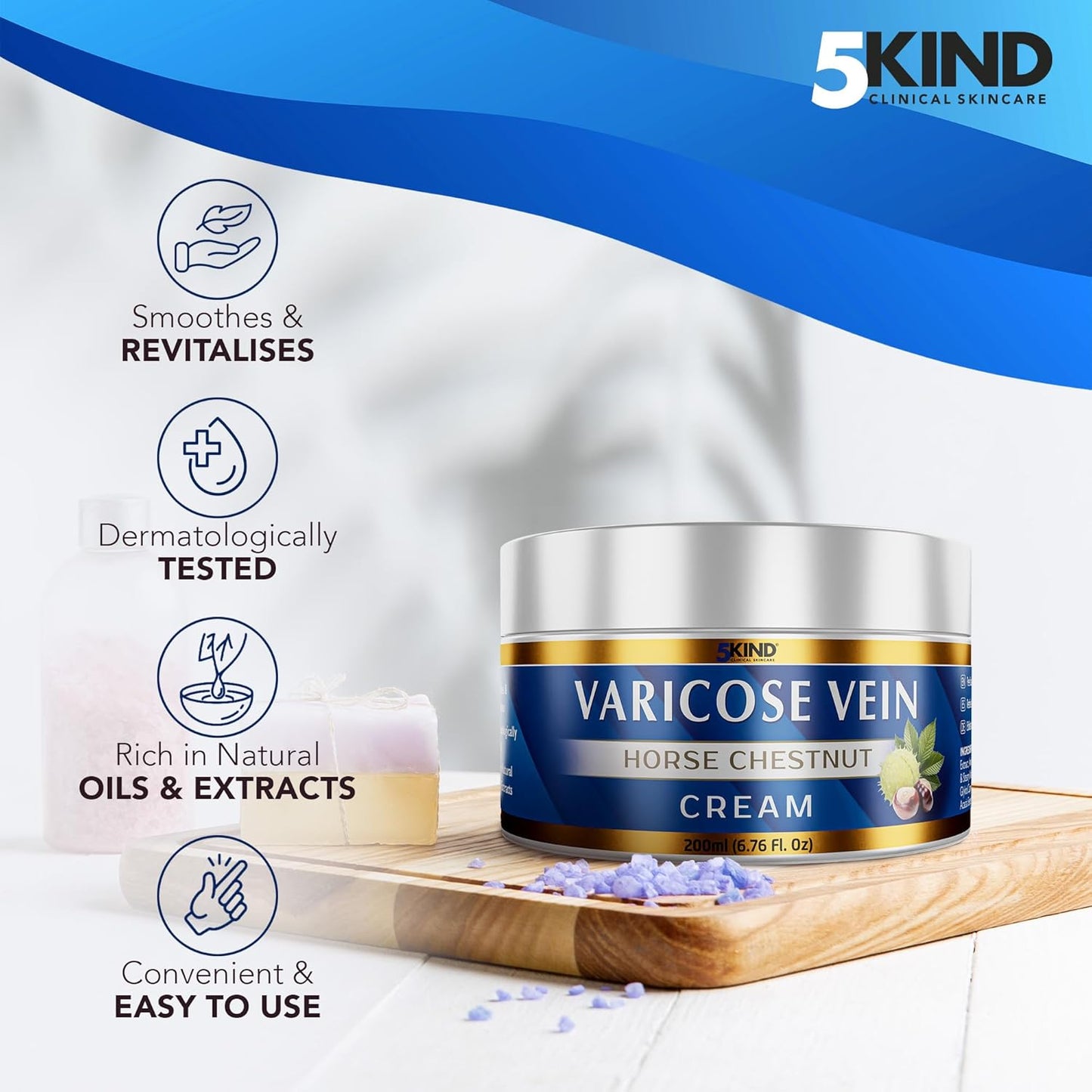 Professional Varicose Veins Cream 6.76 Fl Oz - Varicose Veins Treatment for Legs - Horse Chestnut Cream for Varicose Veins - Over 7 Natural Active Ingredients - Spider Veins Treatment by 5Kind