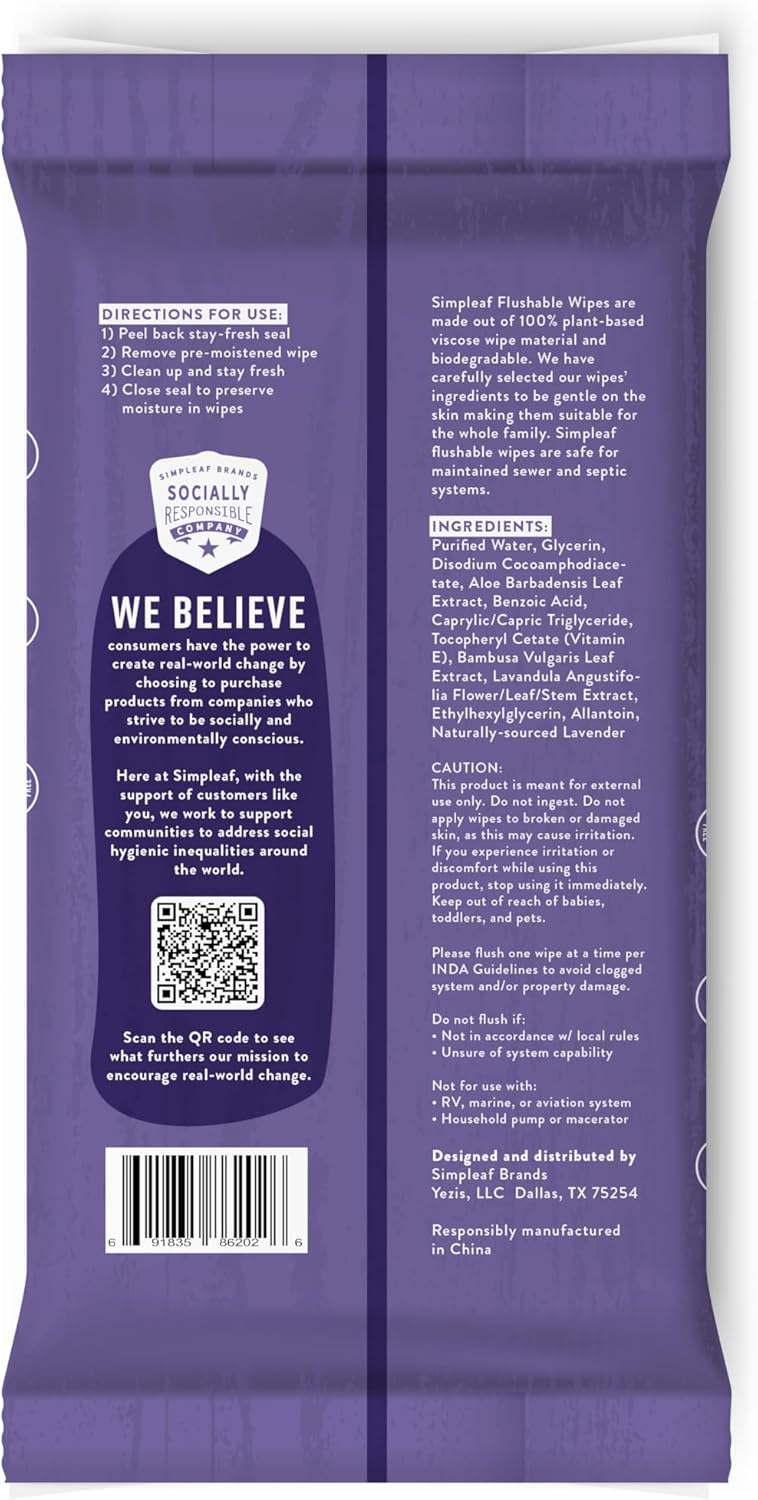 Simpleaf Flushable Wet Wipes Lavender | Plastic Free, Paraben & Alcohol Free | Hypoallergenic & Safe for Sensitive Skin | Soothing Aloe Formula | Adult Toilet Wipes (3 x 50 Counts Pack) 150 Counts