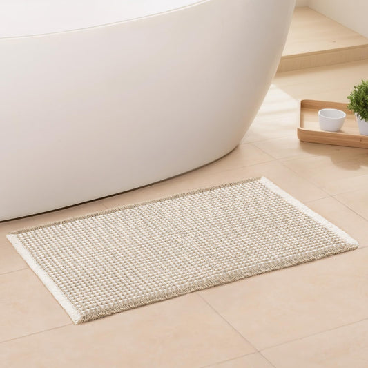 Waffle Bath Mat - Boho Bathroom Rugs Non Slip Washable, Super Absorbent & Quick Dry, Soft Bath Mat Farmhouse Bathroom Decor, 24'' x 36'', Khaki and White