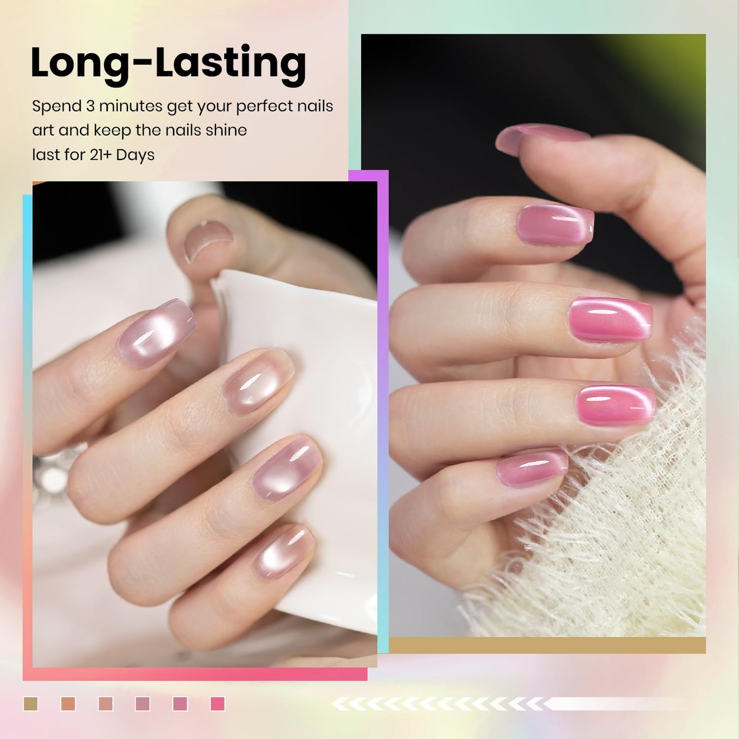 RARJSM Nude Jelly Glass Cat Eye Gel Nail Polish Set 6Pcs Champagne Gold Rose Blush Metal Pink Red Smoothie Ceramics Cateye Silver Glitter Gelpolish with Magnetic Stick UV LED Curing Require Home Salon