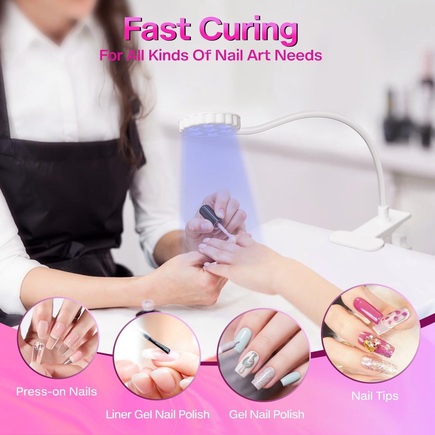 LIORA UV LED Nail Lamp 6W with Clamp – 7 Beads Gel Lamp Flash Cure Light, Flexible 360° Gooseneck USB Manicure lamp, Nail Dryer for Gel Polish and Press On Nails, Mini Nail UV Light for Salon DIY