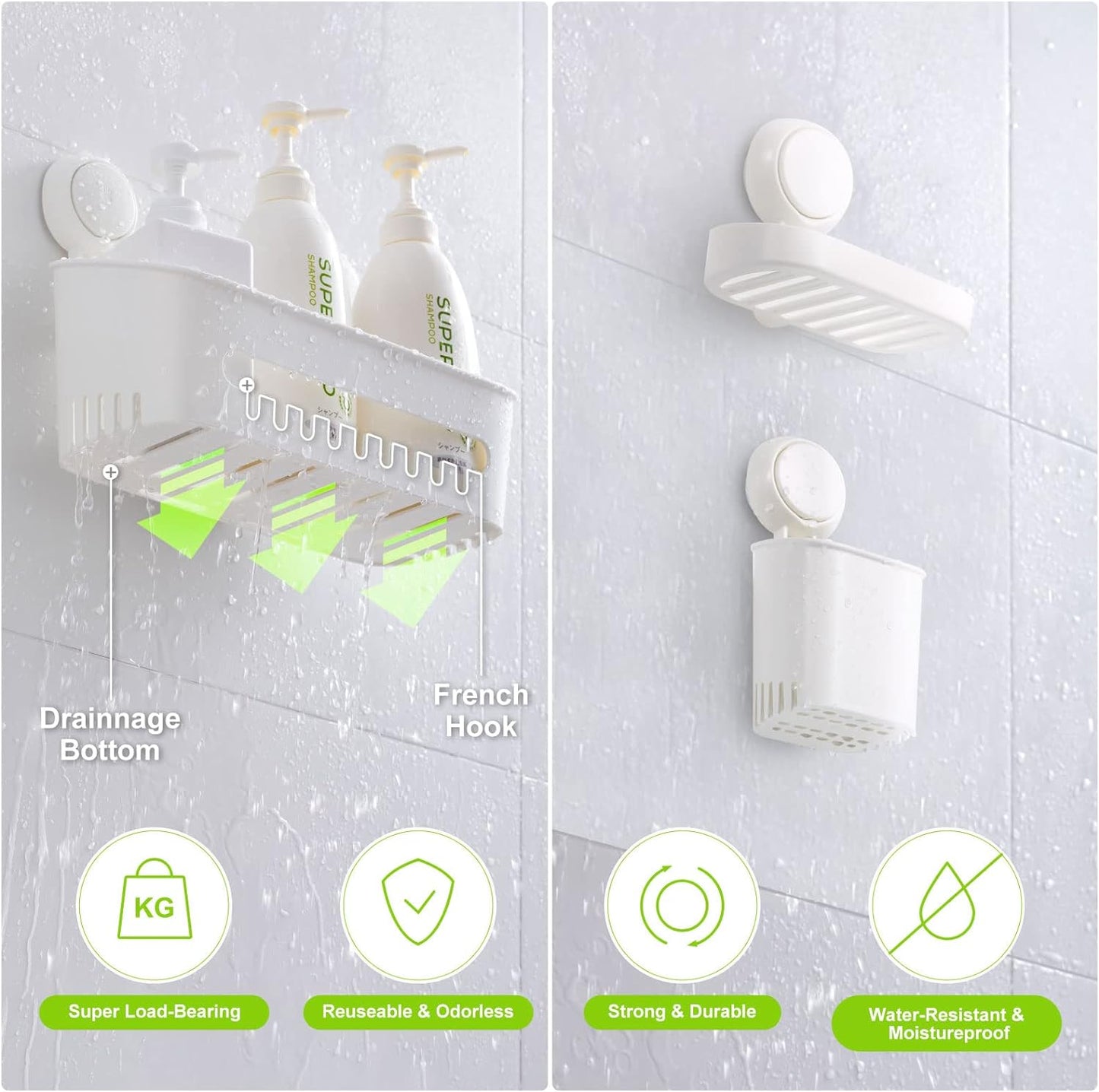 Uten Bathroom Suction Cup Shower Shelf 3-in-1 Wall Mounted Shower Basket Toothbrush Holder No Drill Hanging Rack Removable Shower Caddy Toilet Storage Rack Organizer